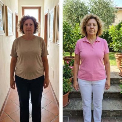 Donna prima e dopo la trasformazione nel giardino.